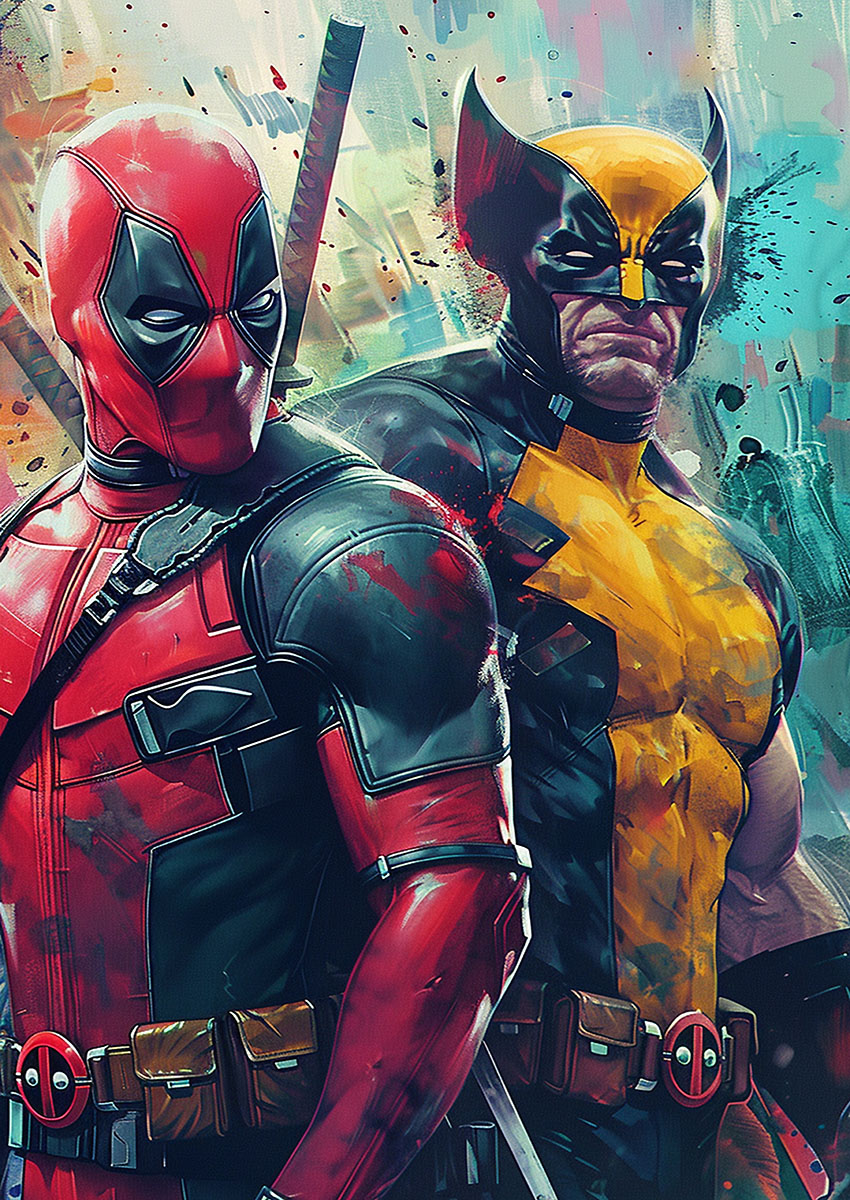 Dynamic illustration of Deadpool and Wolverine as super heroes with vibrant backgrounds.